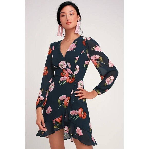Lulus Dresses & Skirts - LULUS In Full Bloom Navy Blue Floral Print Long Sleeve Mini Dress Size Small